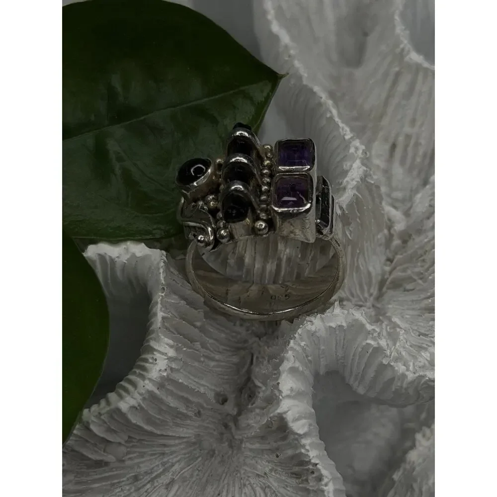 Unique Design Vintage 925 Sterling Silver Amethyst, Onyx & Peridot Ring Size 7